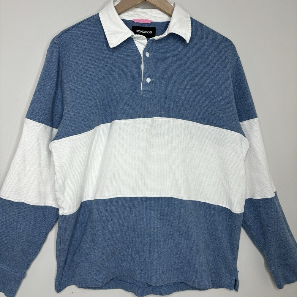 Bonobos‎ Rugby Shirt Waffle Knit Men's Large Grandpa Blue White 90s Preppy
